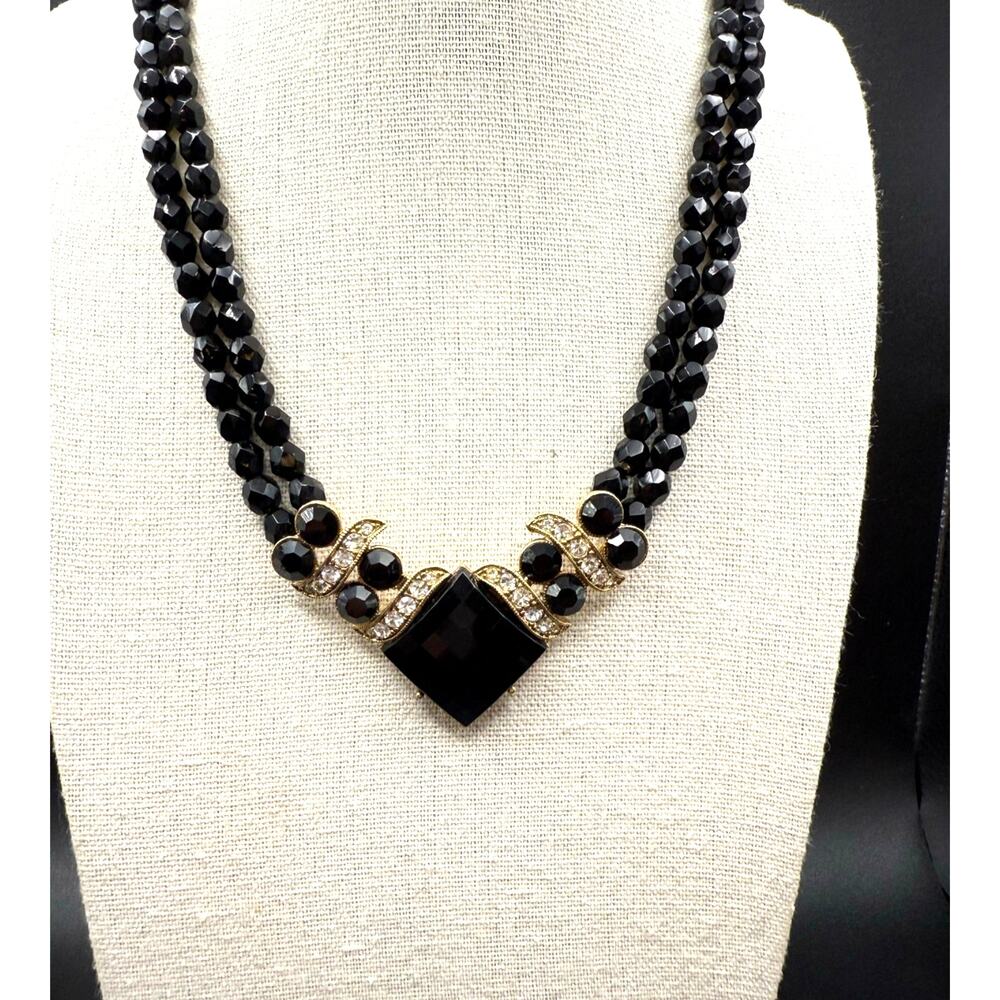 1928 Black Choker with Clear Rhinestones and Gold Tone